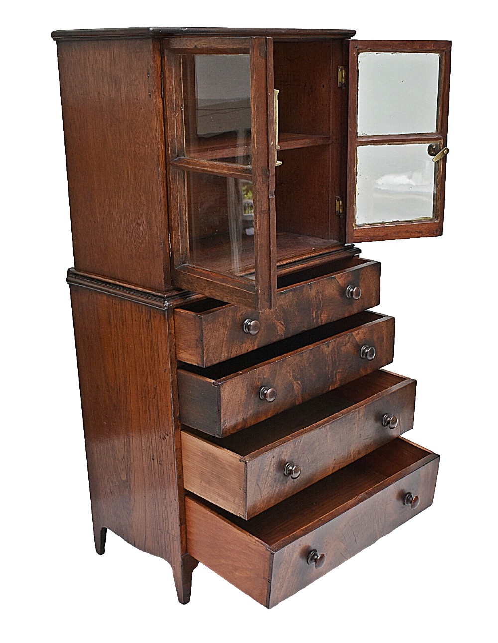 A dark mahogany Georgian apprentice chest of four drawers with a removable two-door glazed cabinet upper section. View VII