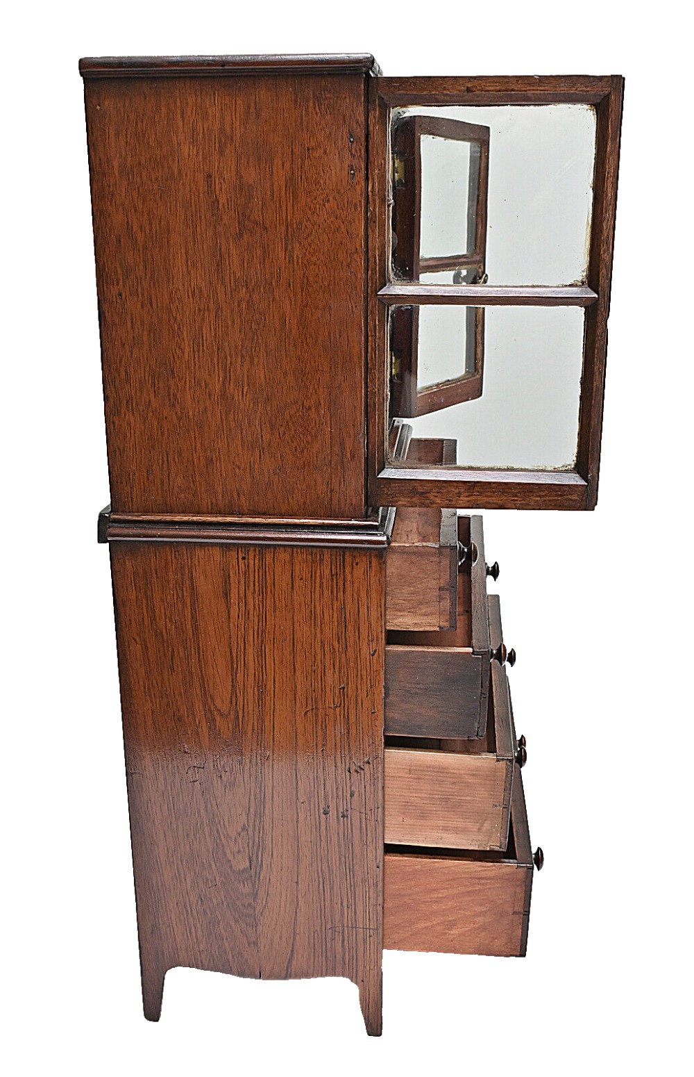 A dark mahogany Georgian apprentice chest of four drawers with a removable two-door glazed cabinet upper section. View VIII