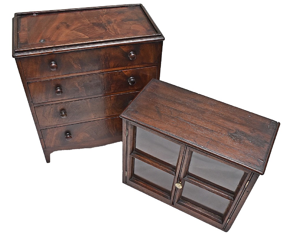 A dark mahogany Georgian apprentice chest of four drawers with a removable two-door glazed cabinet upper section. View XI