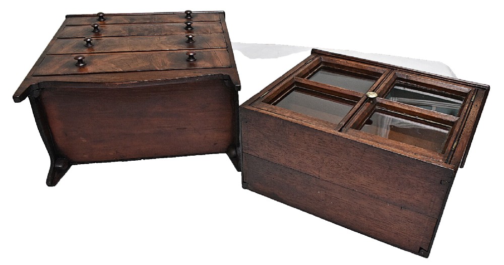 A dark mahogany Georgian apprentice chest of four drawers with a removable two-door glazed cabinet upper section. View XII