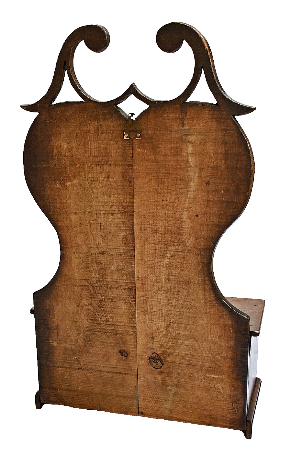An antique carved oak spoon rack features a shaped scroll crest, a slotted rack, and a lower drawer with a brass drop handle. View X