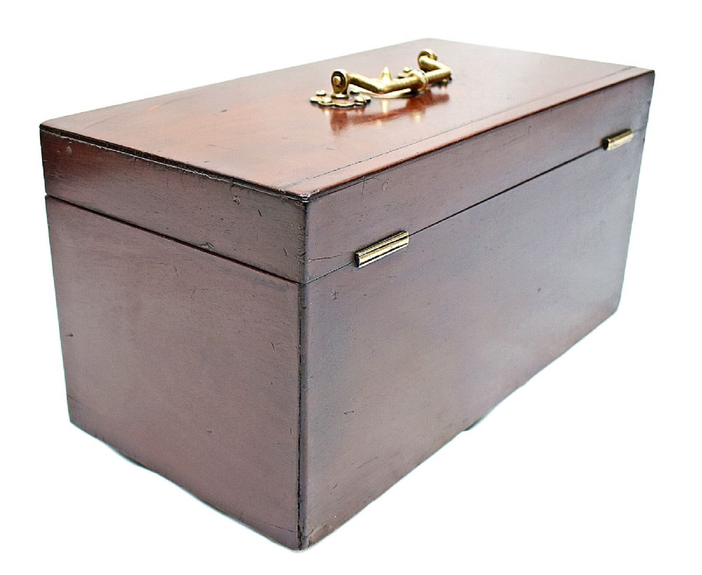 An open rectangular dark wood tea caddy featuring two internal covered compartments, a central cut glass mixing bowl, a green fabric-lined lid, and a key with a tassel inserted in the front lock. View VI