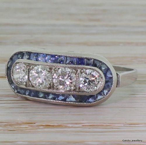 Art Deco 0.80 Carat Diamond & French Cut Sapphire Cluster Ring, Circa 1940
