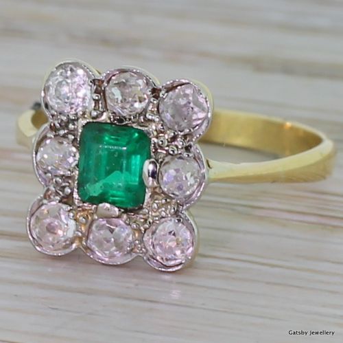 Edwardian Emerald & Old Cut Diamond Cluster Ring, Circa 1910
