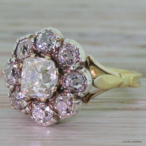 Victorian 2.00 Carat Old Cut Diamond Cushion Cluster Ring, Circa 1860

