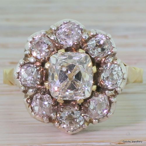 fig 1. Victorian 2.00 Carat Old Cut Diamond Cushion Cluster Ring, circa 1860