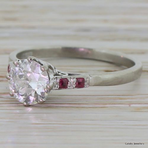 Art Deco 0.90 Carat Old Cut Diamond "Ruby Shoulders" Ring, Circa 1925
