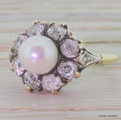 Early Victorian Pearl & Old Cut Diamond Cluster Ring, Circa 1850
