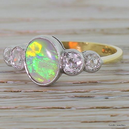 Art Deco Opal & Diamond Five Stone Ring, Circa 1935

