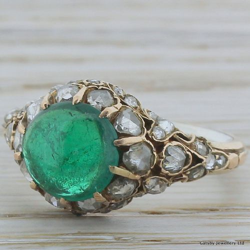 Victorian Cabochon Emerald & Diamond Ring, French, Circa 1870
