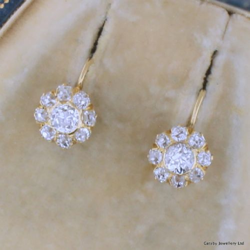 Victorian 2.38 Carat Old Cut Diamond Cluster Earrings, Circa 1900
