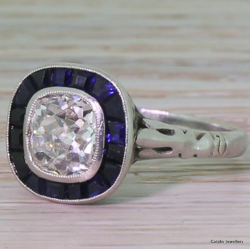 Art Deco 1.50 Carat Old Cushion Cut & Sapphire Ring, Circa 1920
