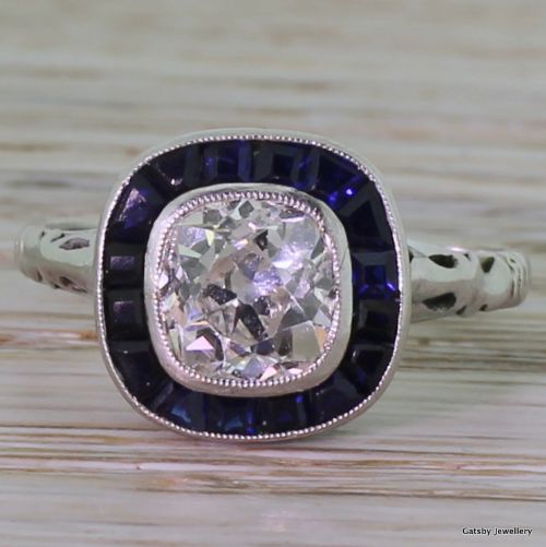 fig 1. Art Deco 1.50 Carat Old Cushion Cut & Sapphire Ring, circa 1920
