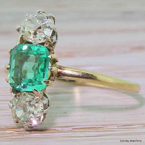 Edwardian Colombian Emerald & Old Cut Diamond "Turned" Trilogy Ring, Circa 1905
