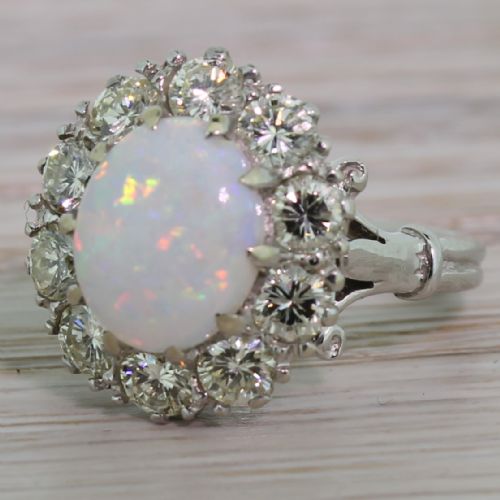 Mid Century White Opal & Diamond Flower Cluster, Circa 1960
