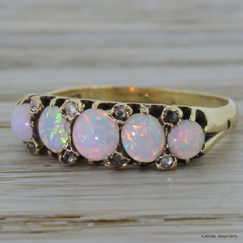Victorian Opal Five Stone & Diamond Ring, Circa 1890
