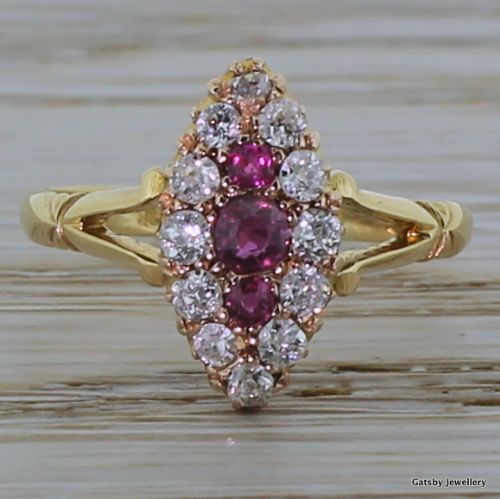 fig 1. Victorian Ruby & Diamond Marquise Shape Cluster Ring, dated 1893