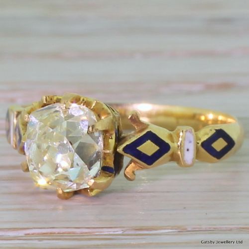 Early Victorian 1.24 Carat Fancy Yellow Old Mine Cut & Enamel Ring, Circa 1840
