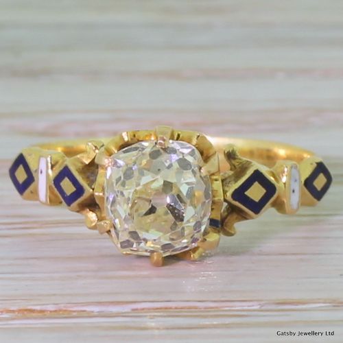 fig 1. Early Victorian 1.24 Carat Fancy Yellow Old Mine Cut & Enamel Ring, circa 1840
