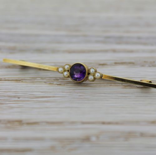 Victorian Amethyst & Pearl Bar Brooch, Circa 1900
