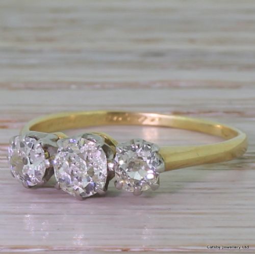 Art Deco 1.30 Carat Old Cut Diamond Trilogy Ring, Circa 1930
