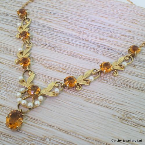 
Mid Century Citrine & Seed Pearl Foliate Necklace, Circa 1955

