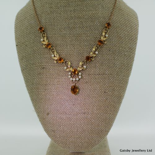 fig 1.
Mid Century Citrine & Seed Pearl Foliate Necklace, circa 1955