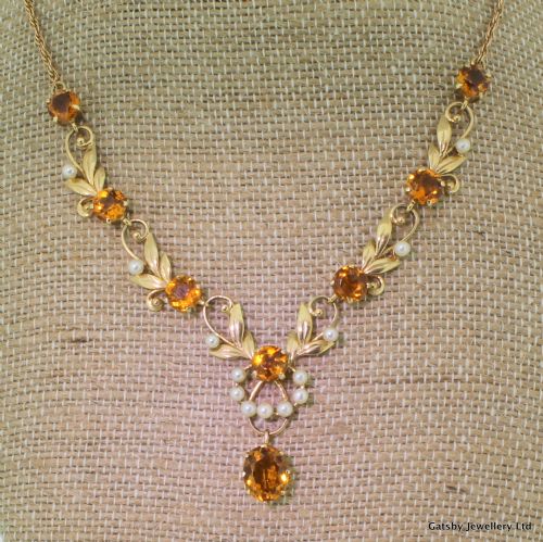 fig 2.
Mid Century Citrine & Seed Pearl Foliate Necklace, circa 1955
