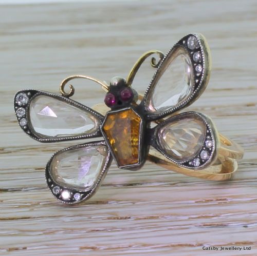 Early Victorian 1.50 Carat Rose Cut Diamond "Butterfly" Ring, Circa 1850
