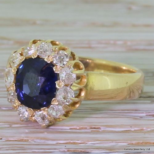 Victorian 1.25 Carat Sapphire & Diamond Cluster Ring, Circa 1900
