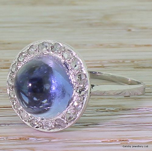 Art Deco 4.00 Cabochon Sapphire & Diamond Halo Ring, Circa 1915
