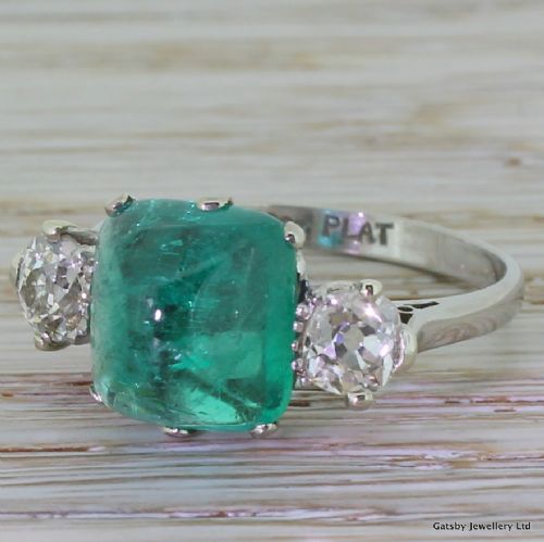 Art Deco 4.02 Carat Cabochon Emerald & 1.01 Carat Diamond Ring, Circa 1930
