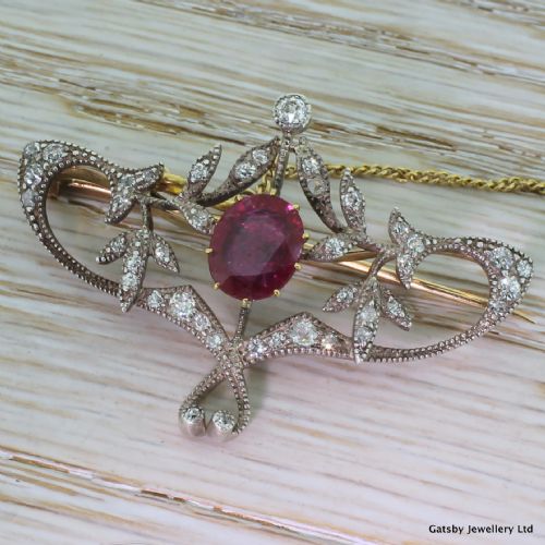 Belle Epoque 2.00 Carat Ruby & Old Cut Diamond Brooch, Circa 1875
