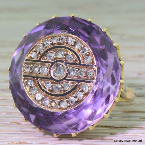 Edwardian 25.00 Carat Amethyst & Rose Cut Diamond Ring, Dated 1908
