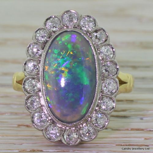 fig 1. Art Deco Black Opal & 1.50 Carat Old Mine Cut Diamond Cluster Ring, circa 1925