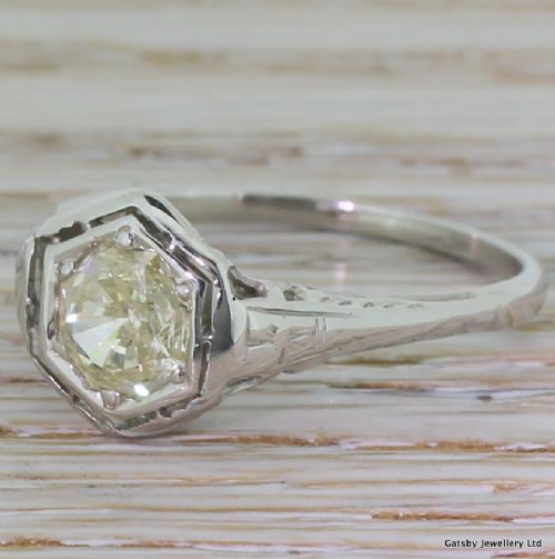 Art Deco 1.01 Carat Light Fancy Yellow Diamond Engagement Ring, Circa 1940
