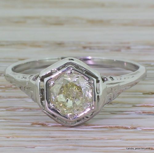 fig 1. Art Deco 1.01 Carat Light Fancy Yellow Diamond Engagement Ring, circa 1940
