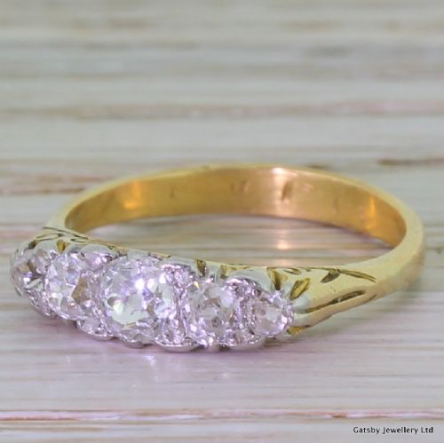 Victorian 0.90 Carat Old Mine Cut Diamond Five Stone Ring, Circa 1880
