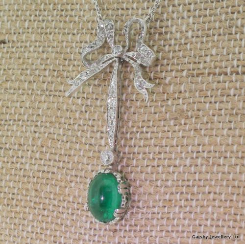 Edwardian Emerald & Old Cut Diamond Bow Necklace, Platinum, Circa 1910
