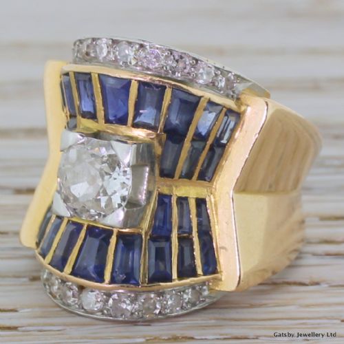 Art Deco Old Cut Diamond & Sapphire Egyptian Revival Ring, French, Circa 1925
