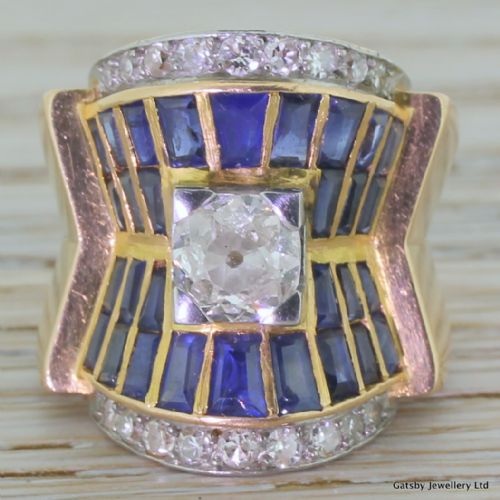 fig 1. Art Deco Old Cut Diamond & Sapphire Egyptian Revival Ring, French, circa 1925
