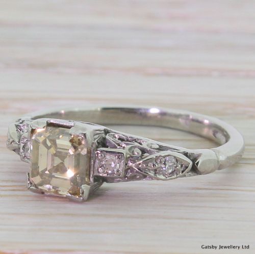 Art Deco 1.16 Carat "Cognac" Asscher Cut Diamond Engagement Ring, Circa 1940
