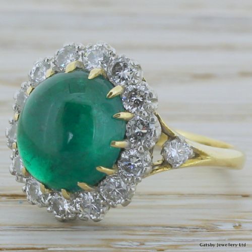 Mid Century 3.50 Carat Cabochon Emerald & Diamond Ring, Circa 1950
