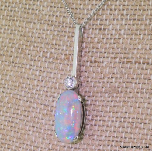 Art Deco Black Opal & Old Cut Diamond Pendant / Necklace, Circa 1930
