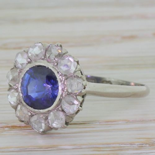 Art Deco 1.00 Carat Sapphire & Rose Cut Diamond Cluster Ring, Circa 1920
