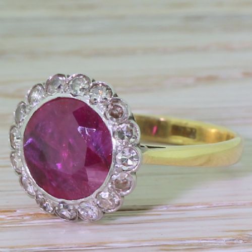 Edwardian 3.00 Carat Ruby & Old Cut Diamond Cluster Ring, Circa 1910

