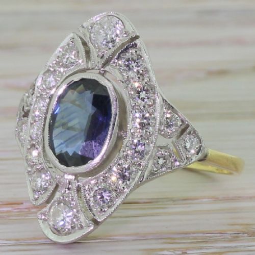 Retro 1.50 Carat Sapphire & Diamond Shield Ring, Circa 1950
