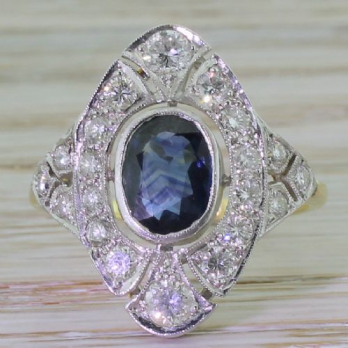 fig 1. Retro 1.50 Carat Sapphire & Diamond Shield Ring, circa 1950