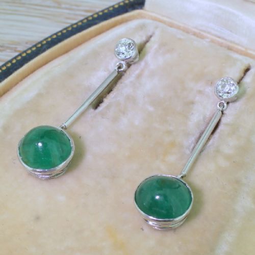 Art Deco 4.00 Carat Cabochon Emerald & Diamond Drop Earrings, Circa 1935
