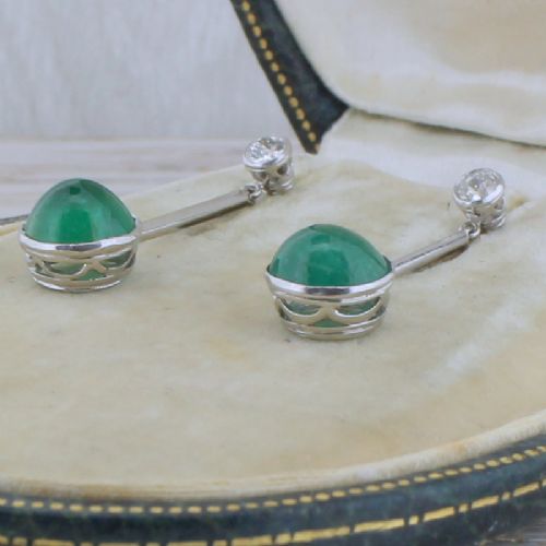 fig 2. Art Deco 4.00 Carat Cabochon Emerald & Diamond Drop Earrings, circa 1935
